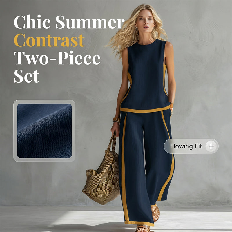 Completo casual con top senza maniche a blocchi di colore e pantaloni a gamba larga