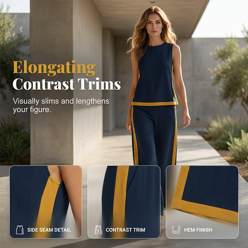 Completo casual con top senza maniche a blocchi di colore e pantaloni a gamba larga