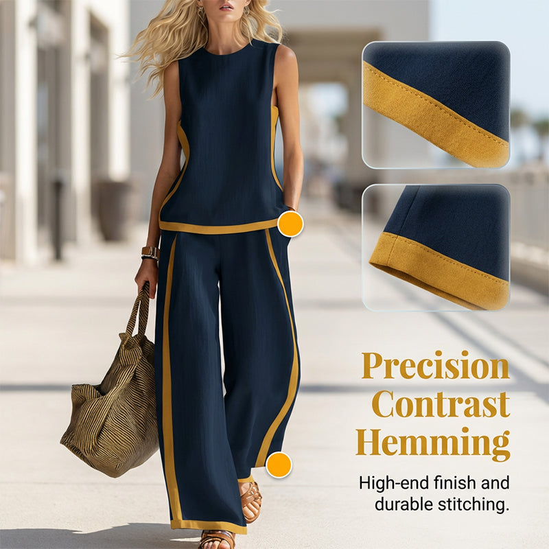 Completo casual con top senza maniche a blocchi di colore e pantaloni a gamba larga