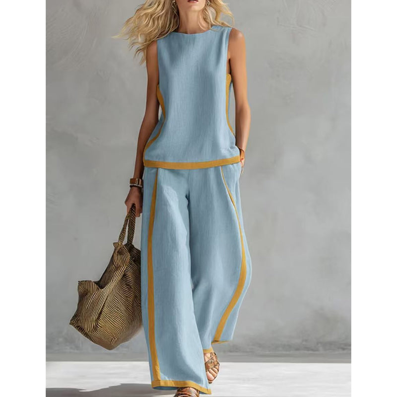 Casual mouwloze set met top met kleurvlakken en broek met wijde pijpen