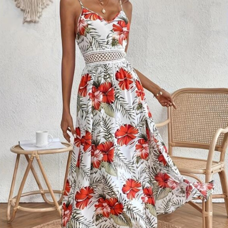 Women¡¯s Floral Print High Slit Spaghetti Strap Flowy Dress