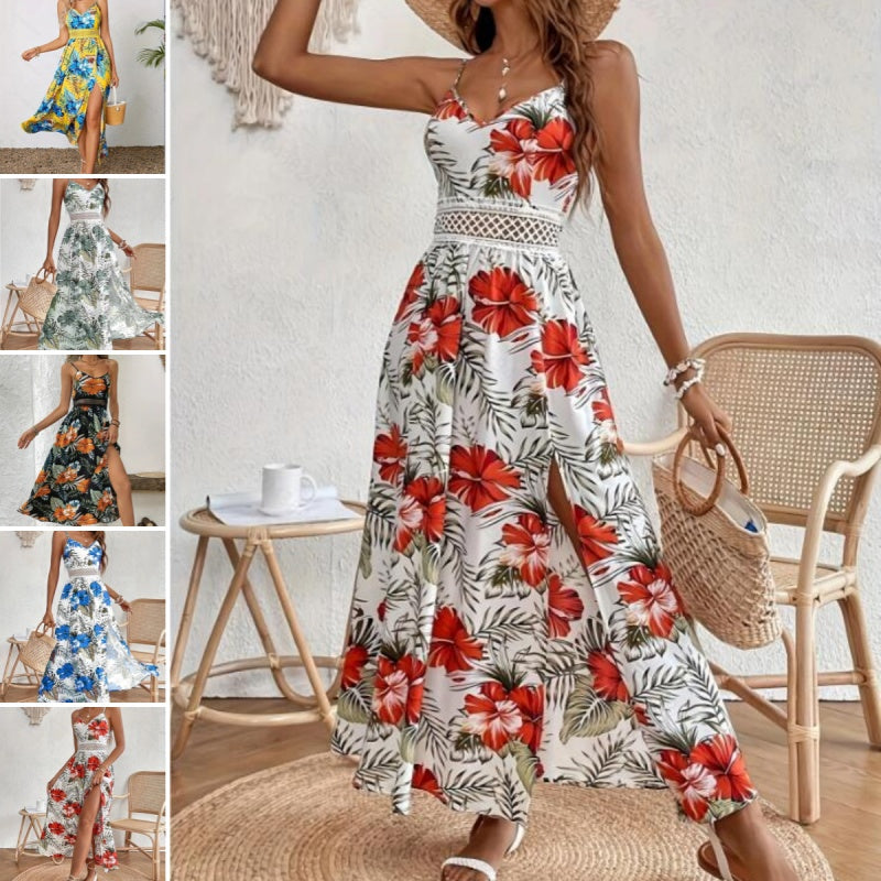 Women¡¯s Floral Print High Slit Spaghetti Strap Flowy Dress