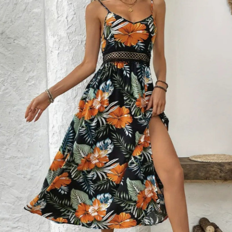 Women¡¯s Floral Print High Slit Spaghetti Strap Flowy Dress