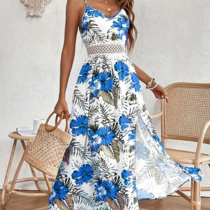 Women¡¯s Floral Print High Slit Spaghetti Strap Flowy Dress