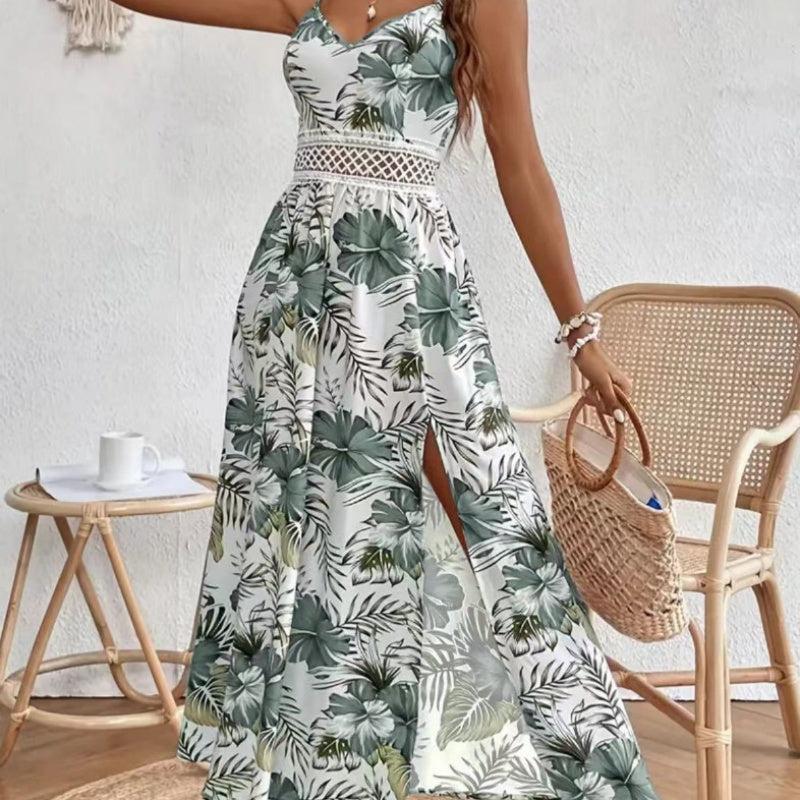 Women¡¯s Floral Print High Slit Spaghetti Strap Flowy Dress