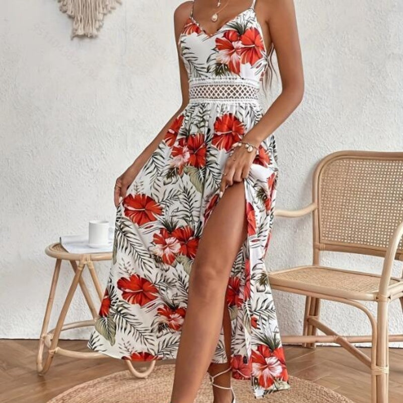 Women¡¯s Floral Print High Slit Spaghetti Strap Flowy Dress