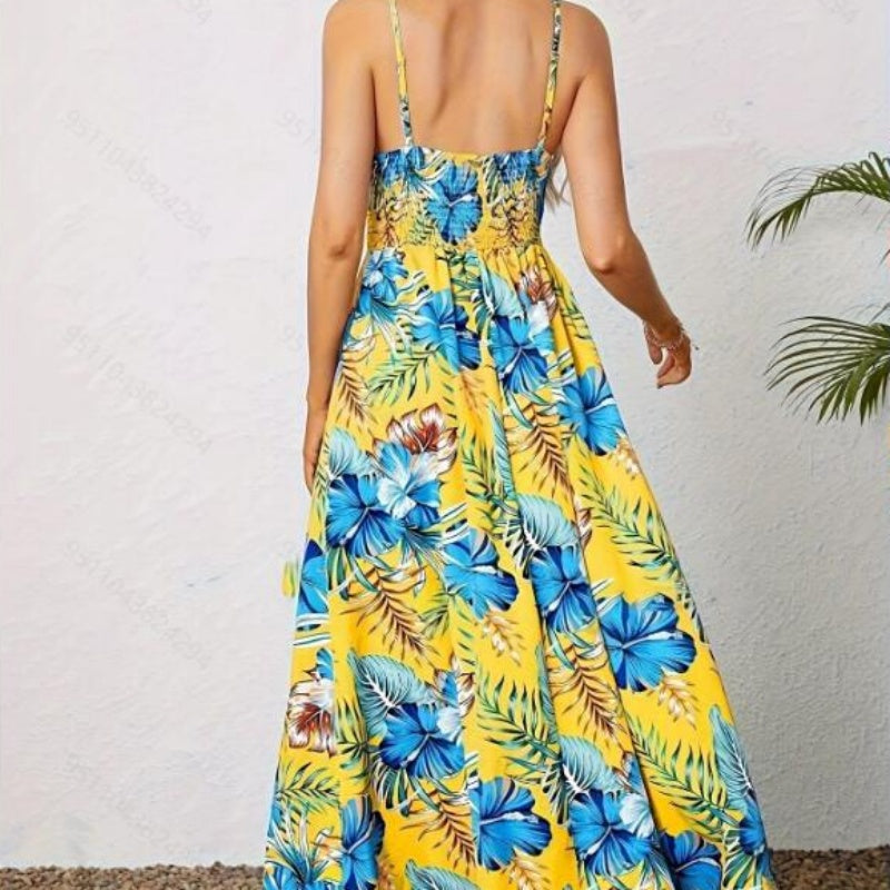Women¡¯s Floral Print High Slit Spaghetti Strap Flowy Dress