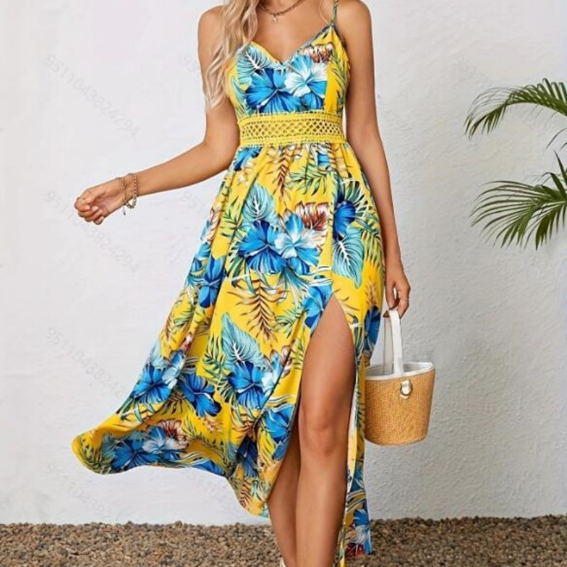 Women¡¯s Floral Print High Slit Spaghetti Strap Flowy Dress