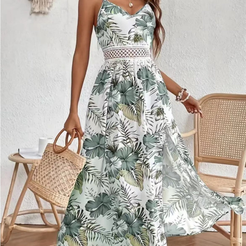 Women¡¯s Floral Print High Slit Spaghetti Strap Flowy Dress