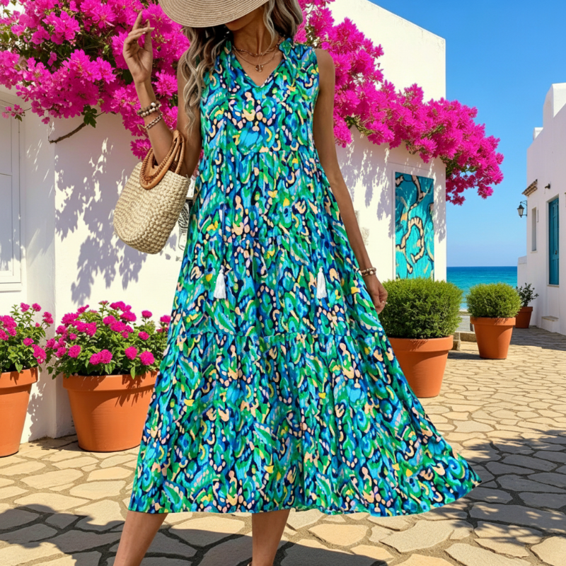 Abito midi da donna senza maniche, con stampa astratta e balze