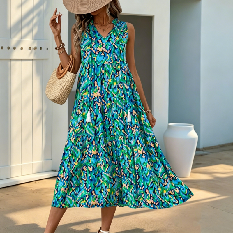 Abito midi da donna senza maniche, con stampa astratta e balze
