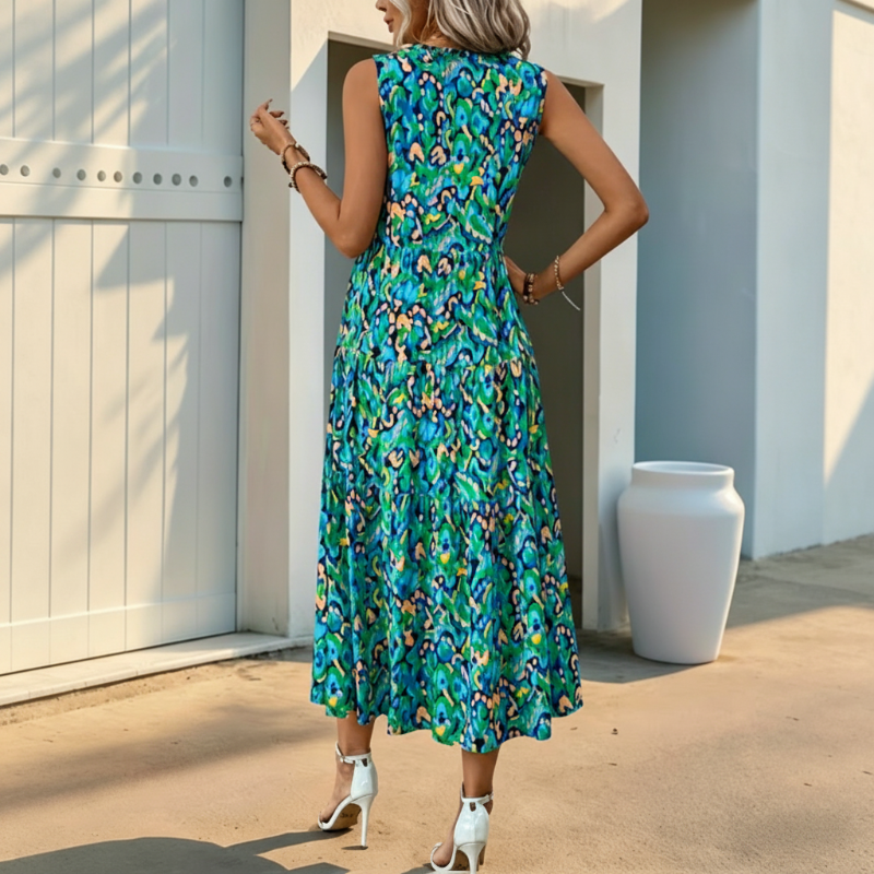 Abito midi da donna senza maniche, con stampa astratta e balze