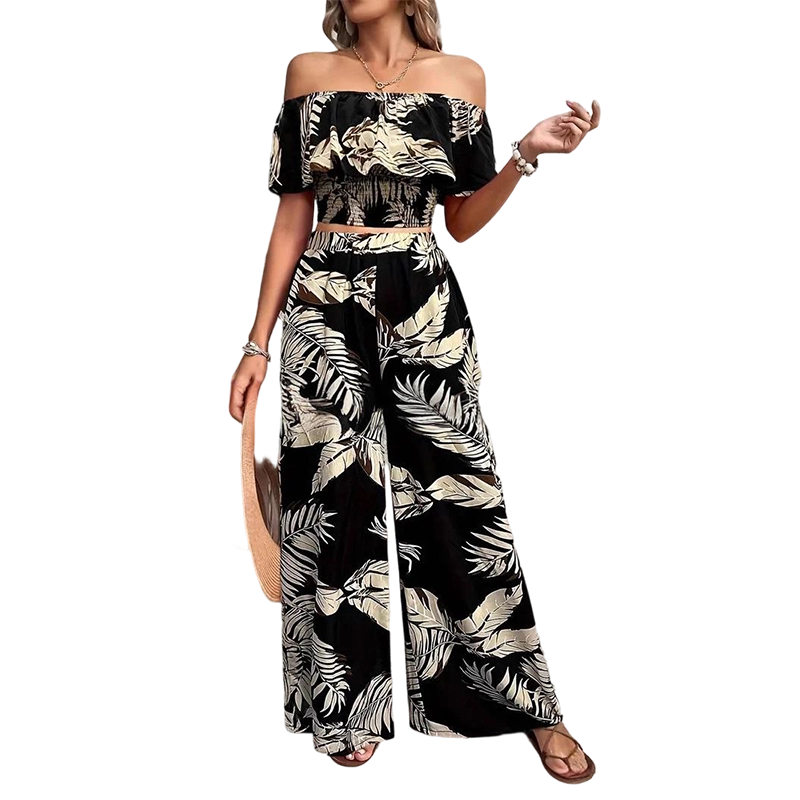 Conjunto de dos piezas para mujer con estampado de hojas tropicales y hombros descubiertos