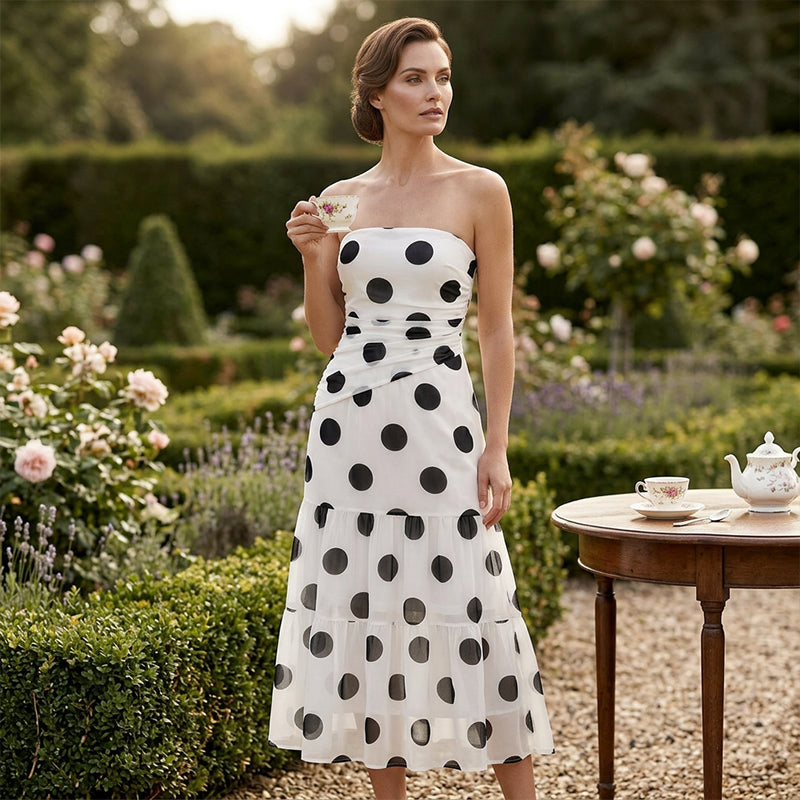 2026 Newest Models-Elegant Strapless Polka Dot Tiered Dress