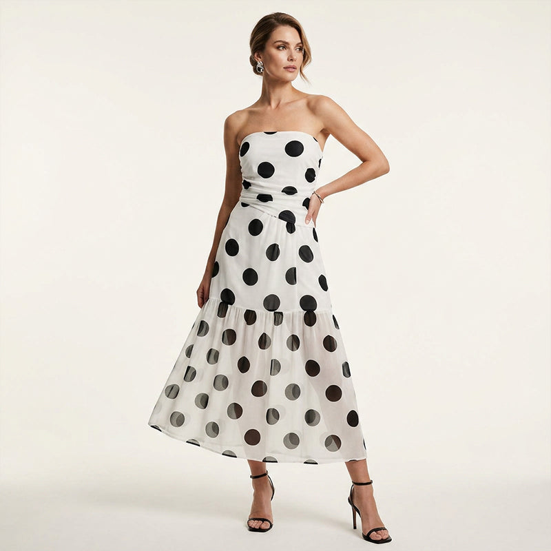 2026 Newest Models-Elegant Strapless Polka Dot Tiered Dress