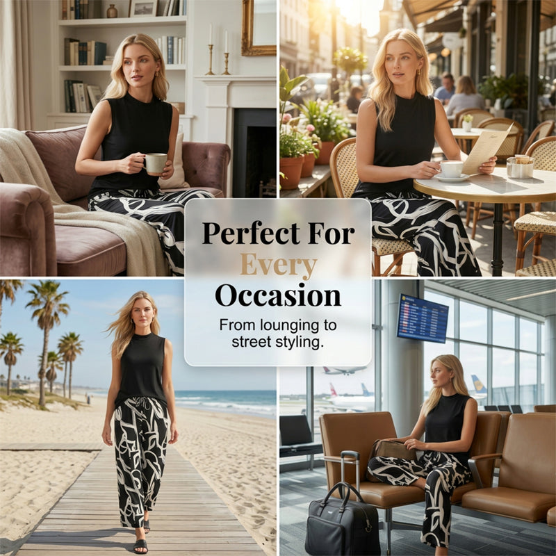 Women's Sleeveless Top & Printed Wide-Leg Pants Set