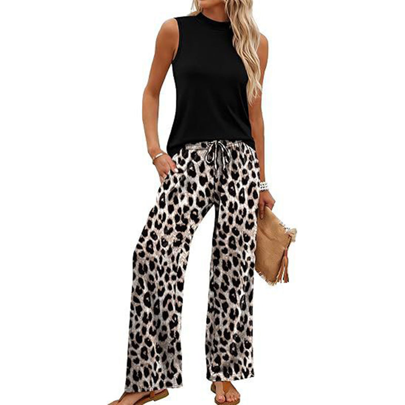 Women's Sleeveless Top & Printed Wide-Leg Pants Set