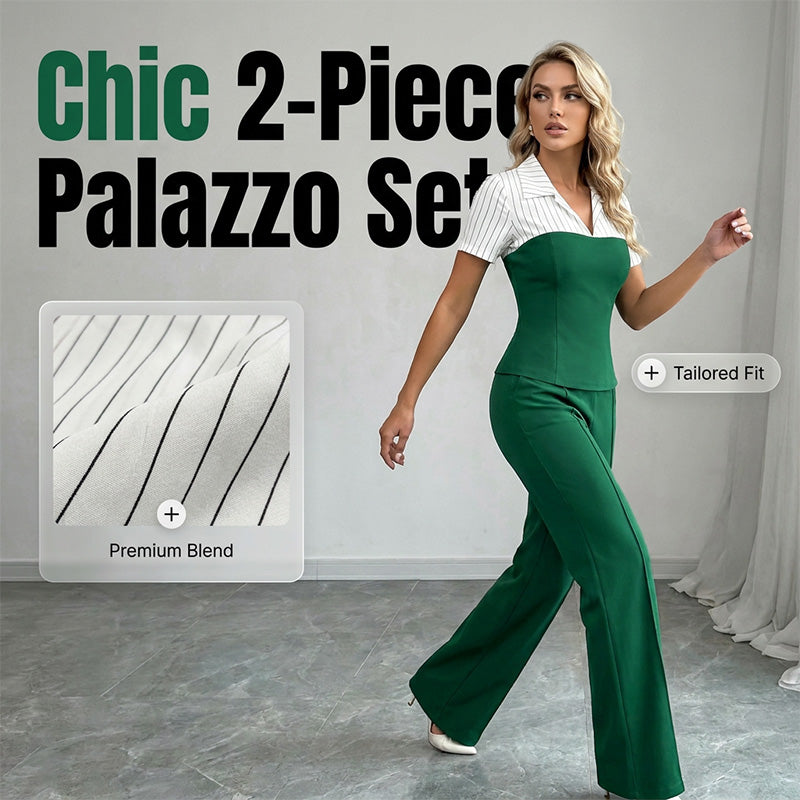 Striped Lapel Set ¨C Tee & Palazzo Pants, V-Neck, Flowing, Elegant