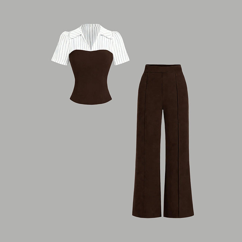 Striped Lapel Set ¨C Tee & Palazzo Pants, V-Neck, Flowing, Elegant