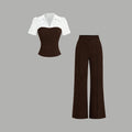 Striped Lapel Set ¨C Tee & Palazzo Pants, V-Neck, Flowing, Elegant