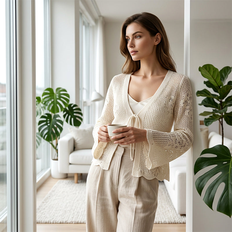 Casual losvallend vest met V-hals, uitsparingen en strik