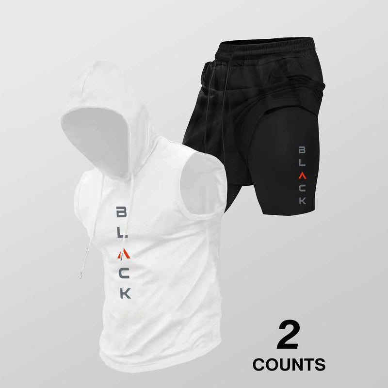 Conjunto de sudadera sin mangas con capucha y pantalones cortos para hombre ¨C corte deportivo e informal ¨C transpirable y de secado rápido