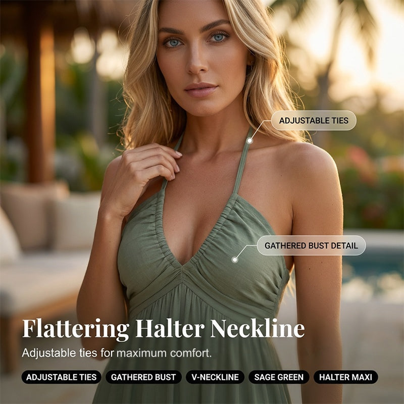 Dames maxi-jurk met halternek, open rug en laagjes