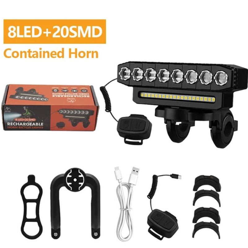 Phare de vélo ¨C 8 LED, klaxon intégré©\, rechargeable par USB, télécommande filaire