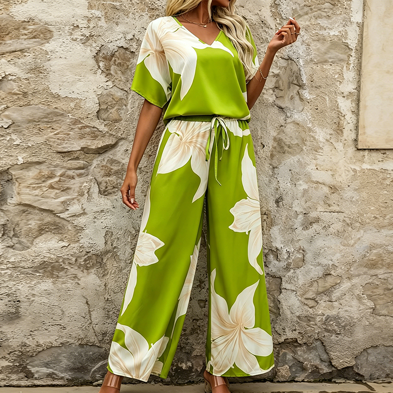 Women's Floral Print Top & Wide-Leg Pants Set