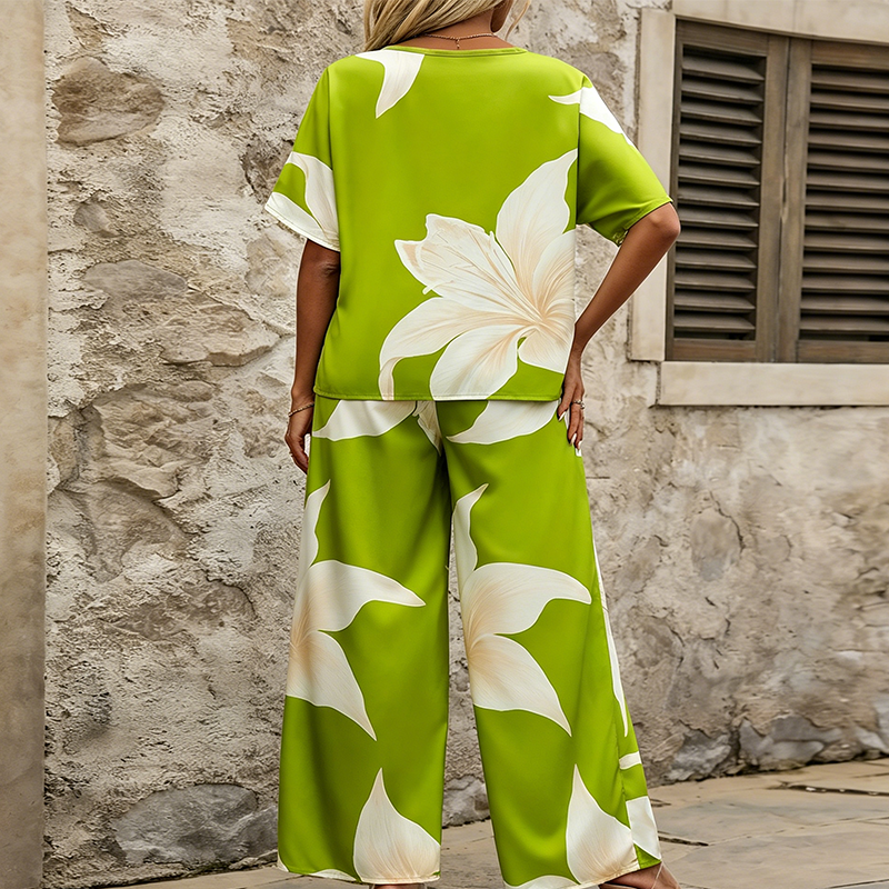 Women's Floral Print Top & Wide-Leg Pants Set