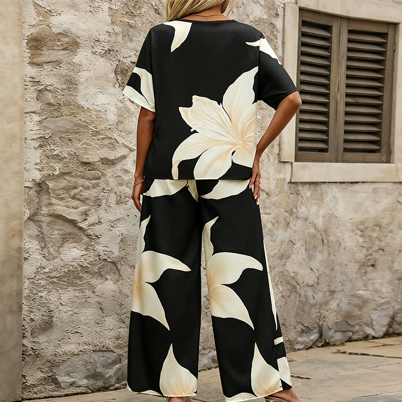 Women's Floral Print Top & Wide-Leg Pants Set