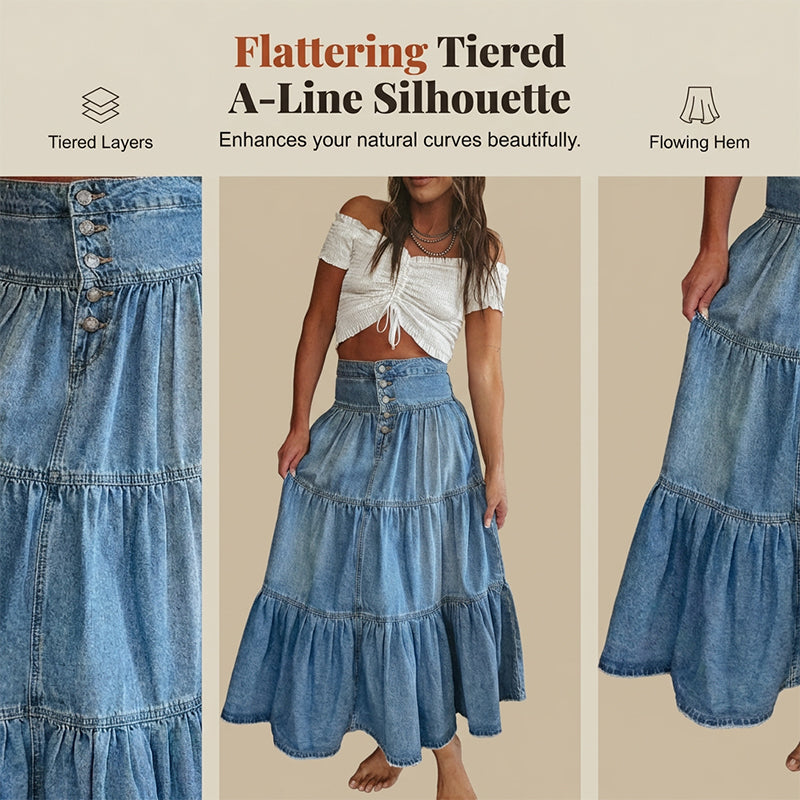 Denim maxirok voor dames met hoge taille, laagjes en A-lijn