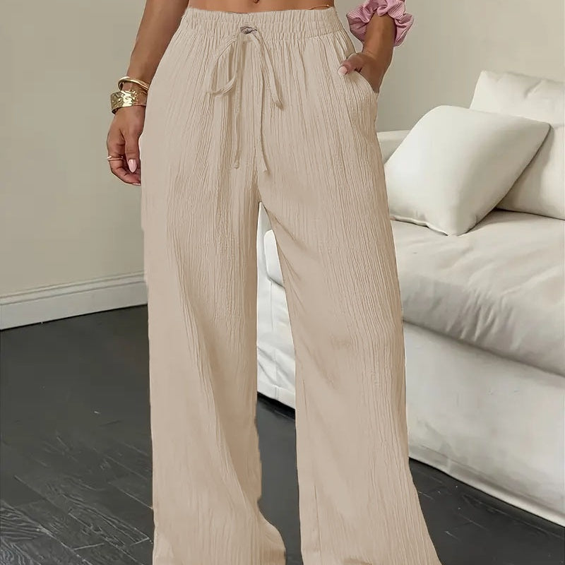 Pantalones de pierna ancha para mujer, de color liso y efecto arrugado