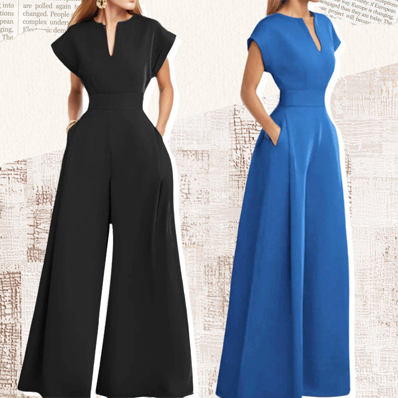 Mouwloze jumpsuit voor dames met V-hals, korte mouwen en wijde pijpen