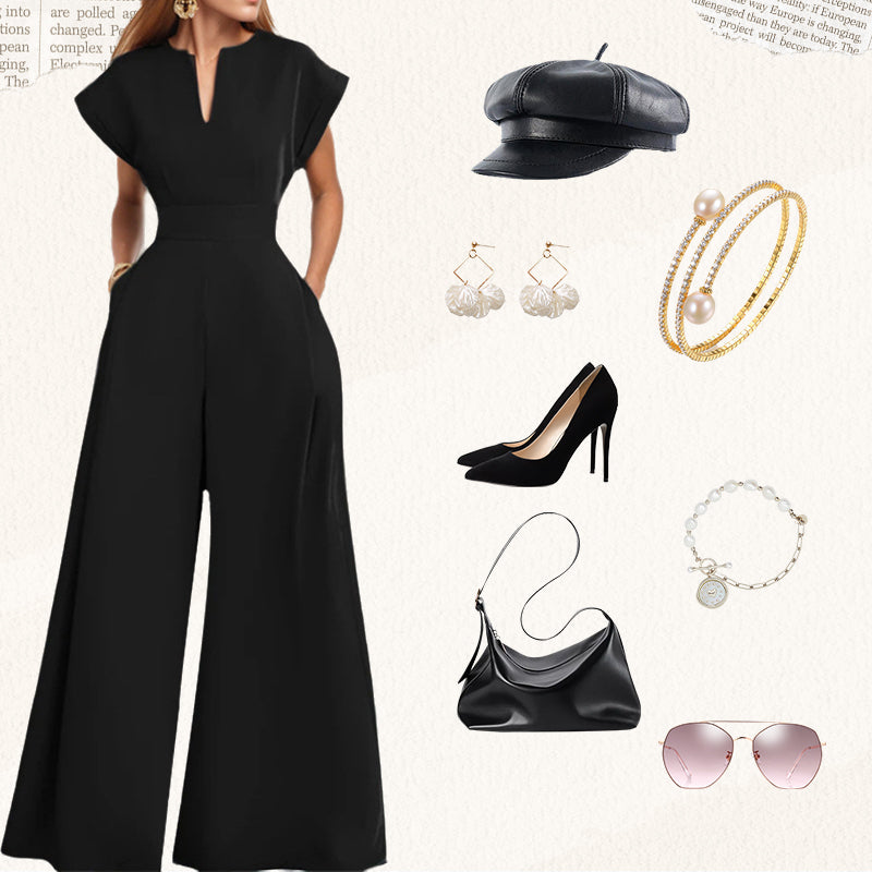 Mouwloze jumpsuit voor dames met V-hals, korte mouwen en wijde pijpen