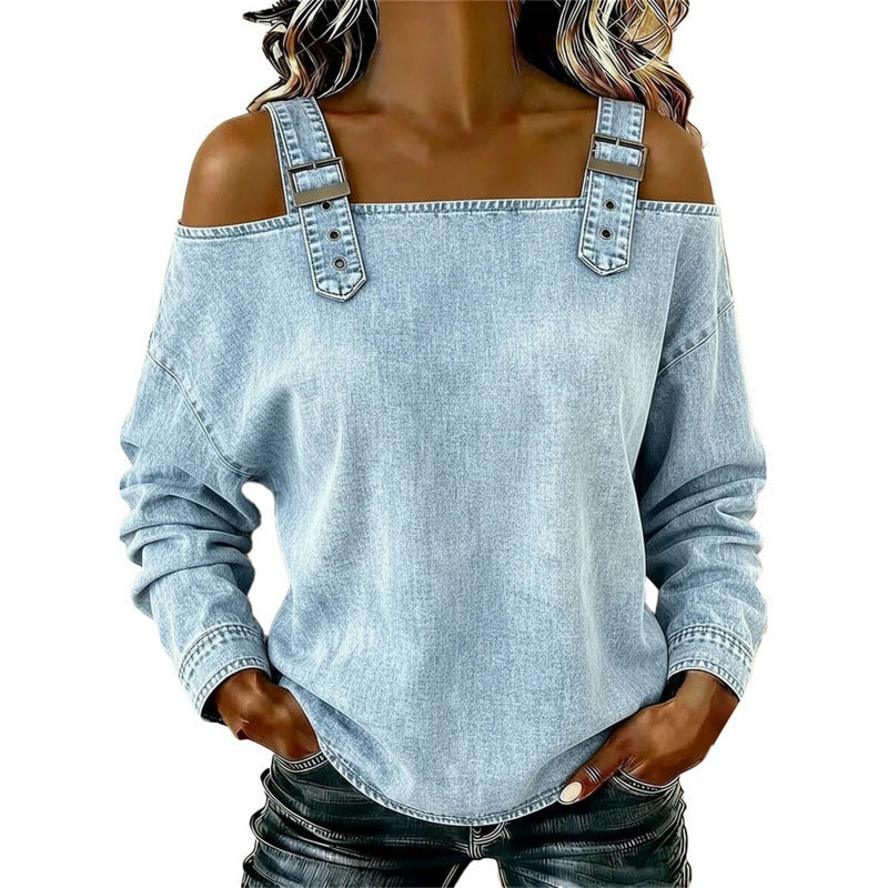 Modieuze denimtop voor dames met brede schouderbanden