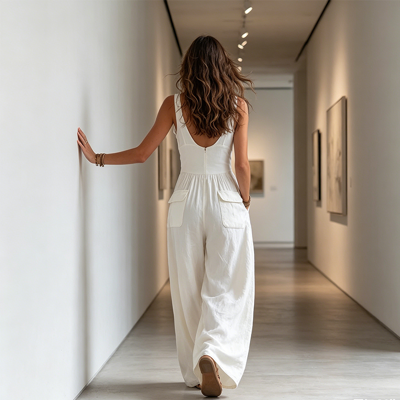 Mono elegante de mujer con cuello de pico y bolsillos