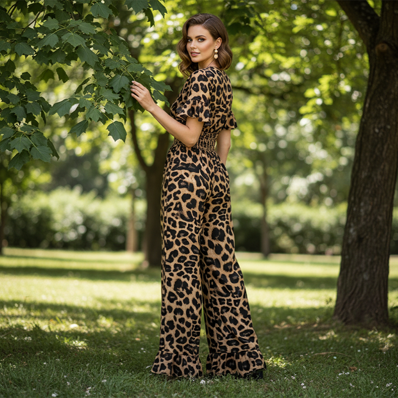 Damesjumpsuit met luipaardprint en gesmokte taille