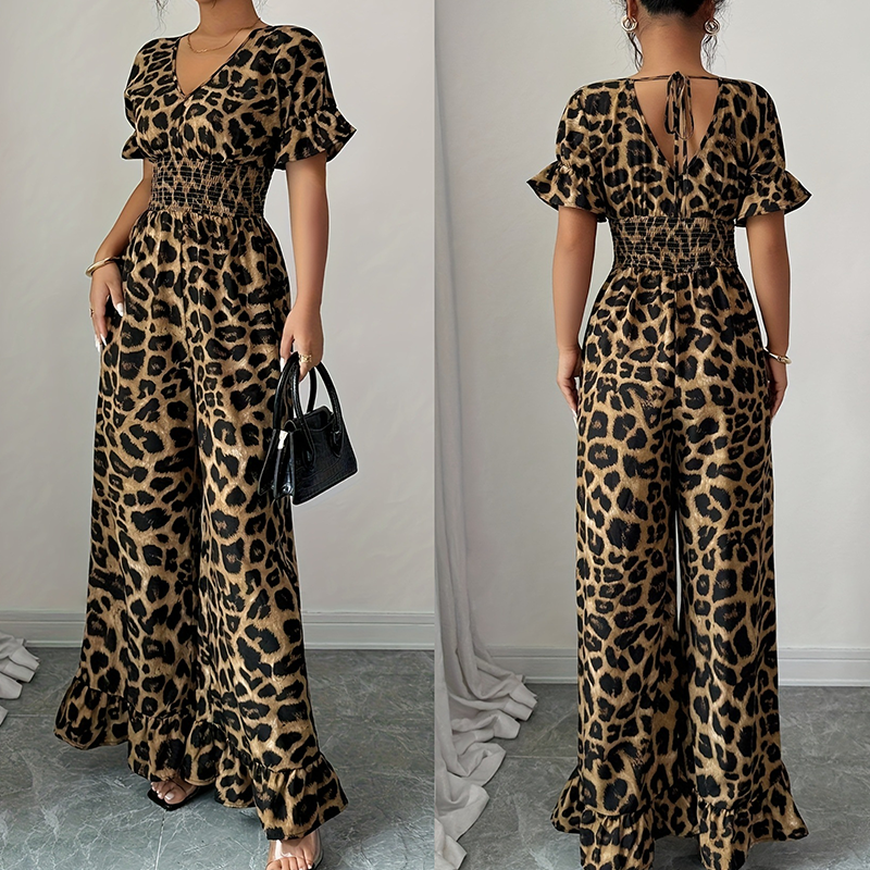 Damesjumpsuit met luipaardprint en gesmokte taille