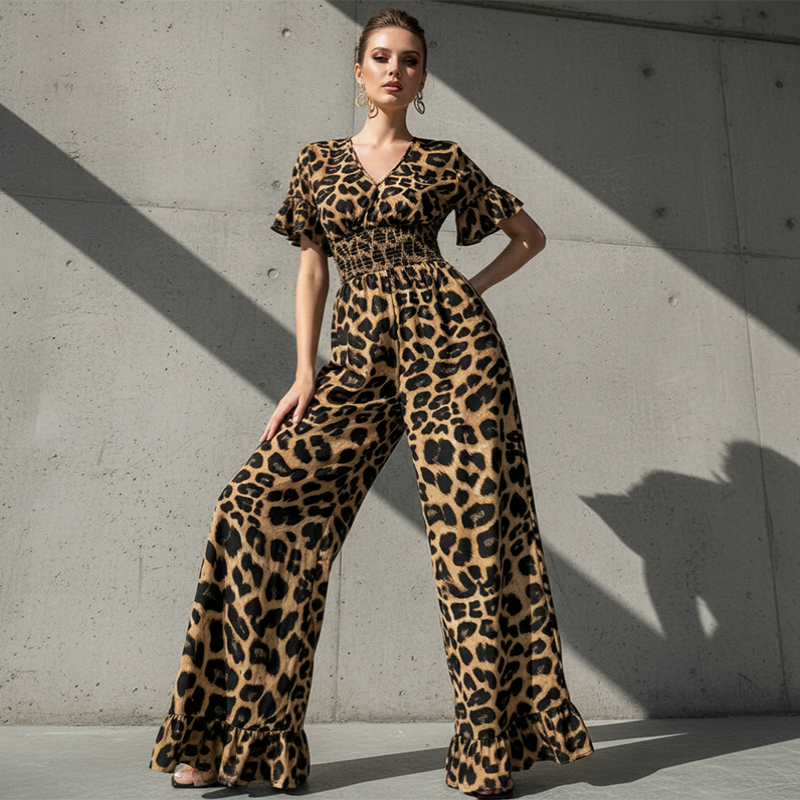 Damesjumpsuit met luipaardprint en gesmokte taille