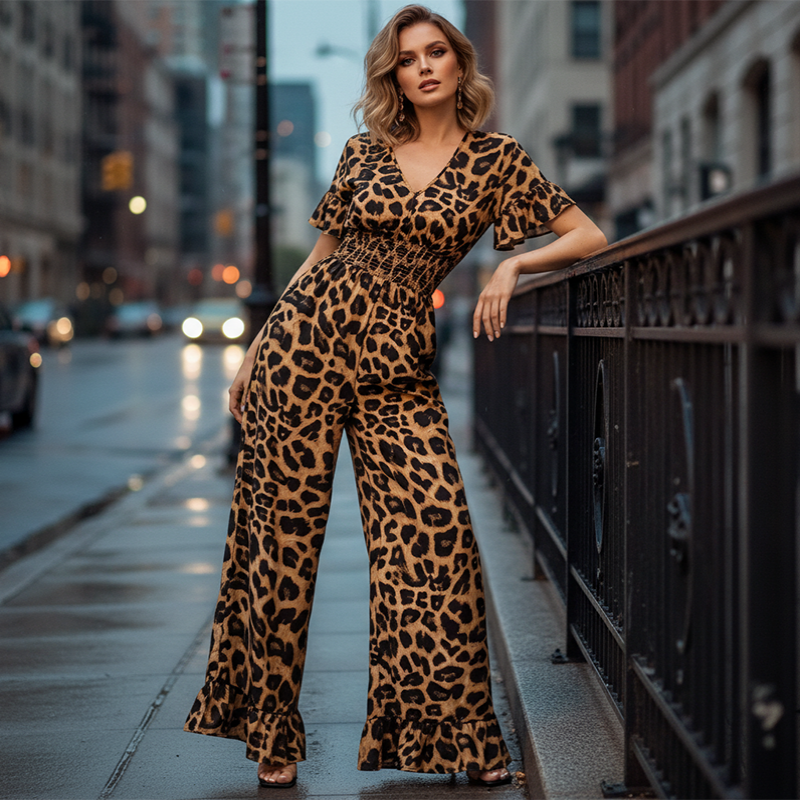 Damesjumpsuit met luipaardprint en gesmokte taille