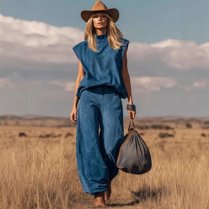 Conjunto de mujer con top sin mangas de cuello alto simulado y pantalones ajustados