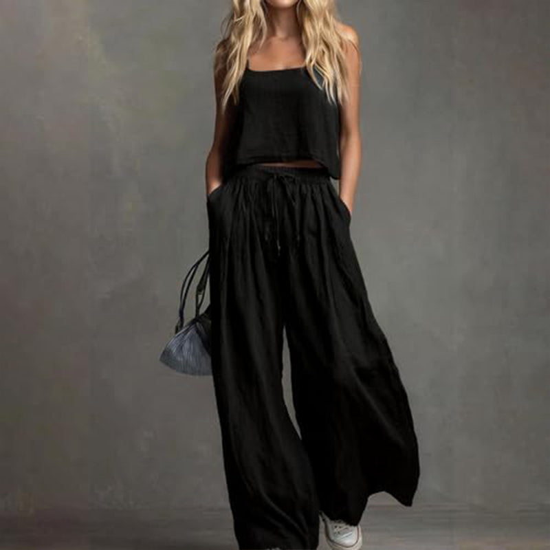 Conjunto de 2 piezas para mujer con top corto y pantalones de pierna ancha