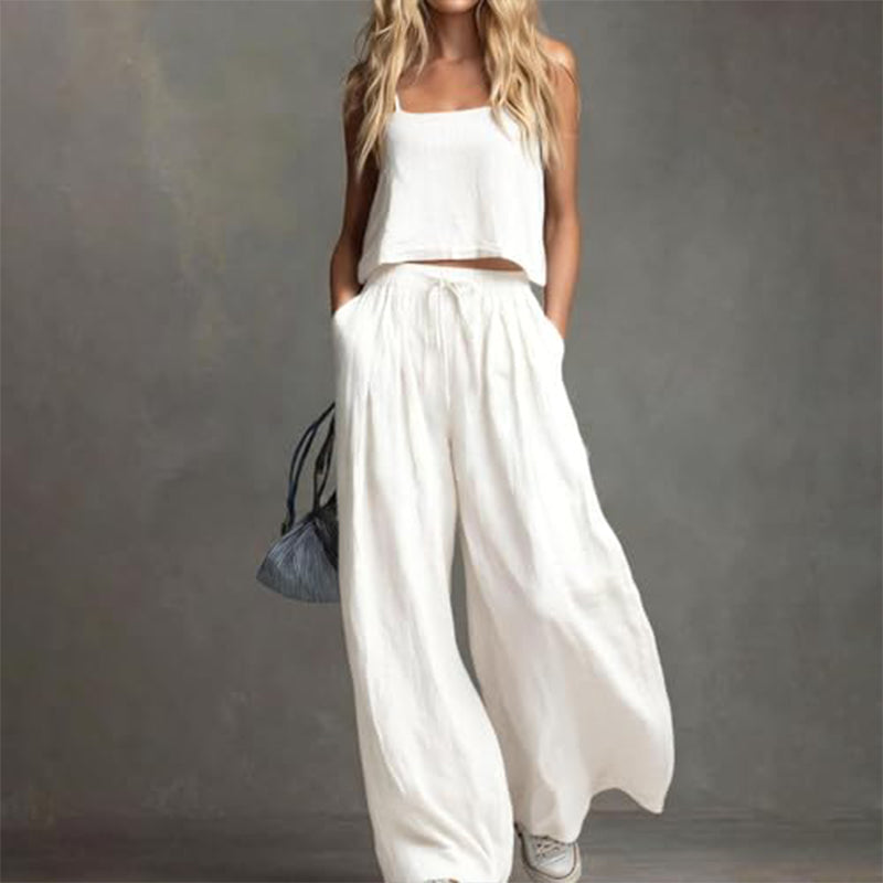 Conjunto de 2 piezas para mujer con top corto y pantalones de pierna ancha