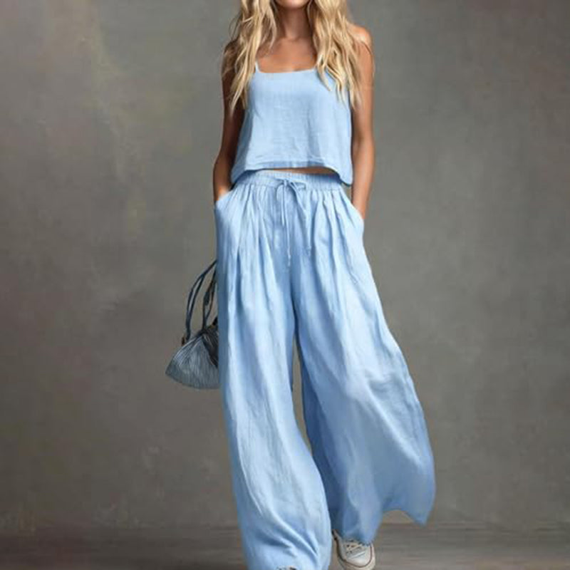 Conjunto de 2 piezas para mujer con top corto y pantalones de pierna ancha