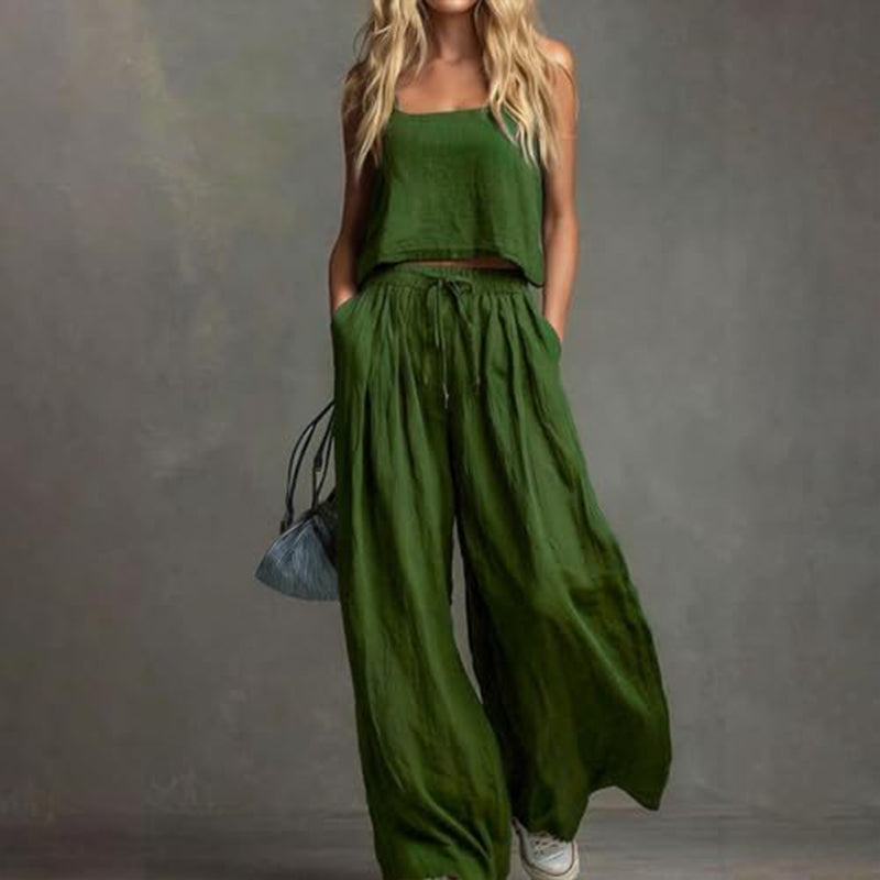 Conjunto de 2 piezas para mujer con top corto y pantalones de pierna ancha