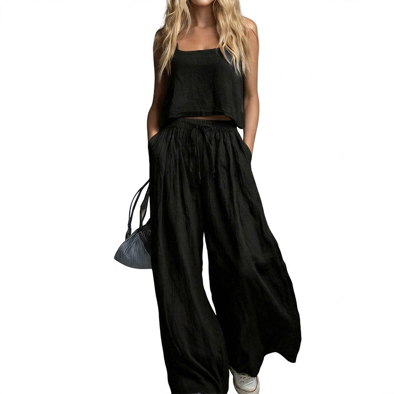 Conjunto de 2 piezas para mujer con top corto y pantalones de pierna ancha