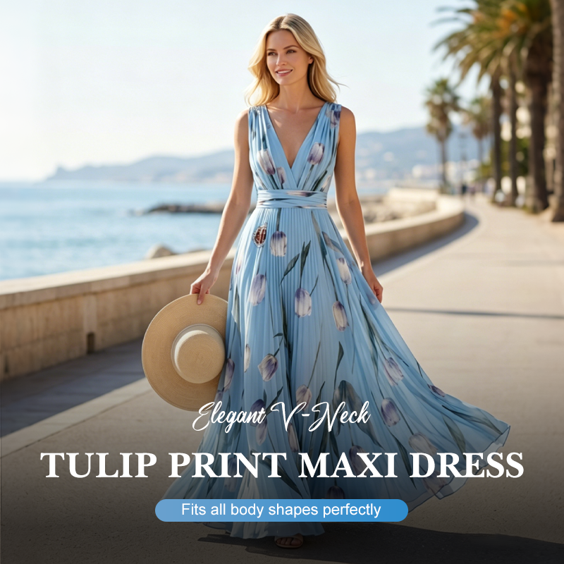 Elegante abito lungo con scollo a V e stampa di tulipani