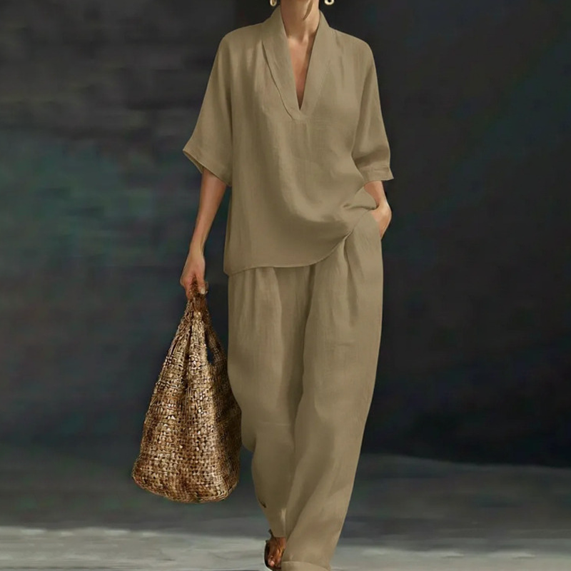 Completo casual da donna 2026 con top con scollo a V e pantaloni a gamba larga
