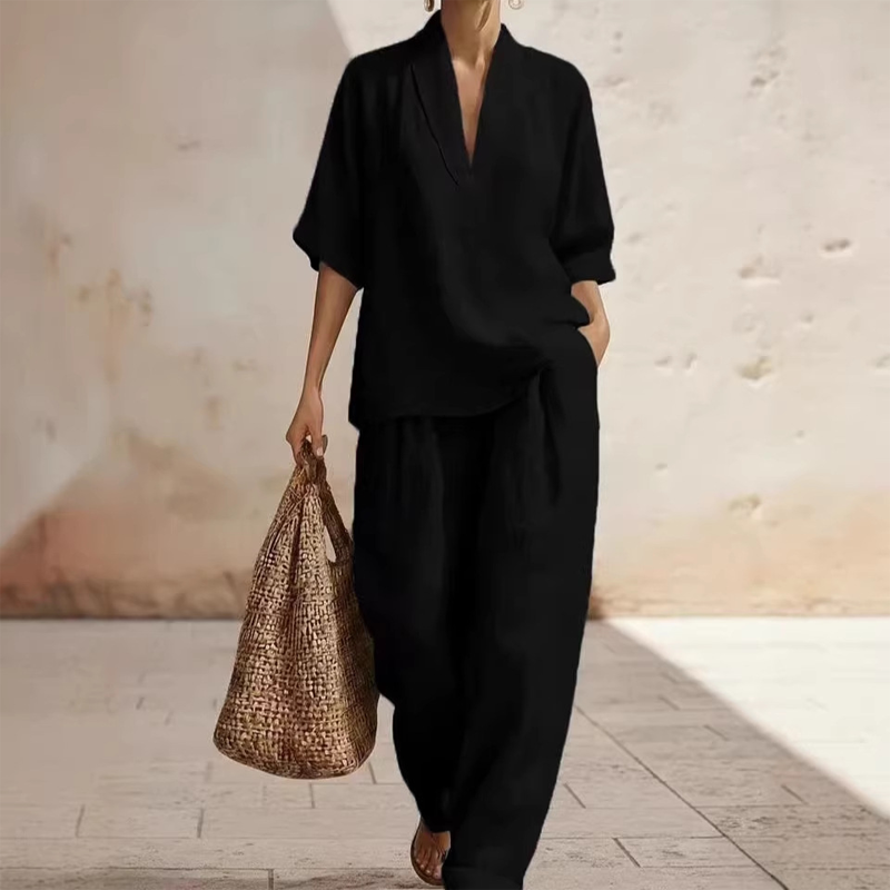 Completo casual da donna 2026 con top con scollo a V e pantaloni a gamba larga